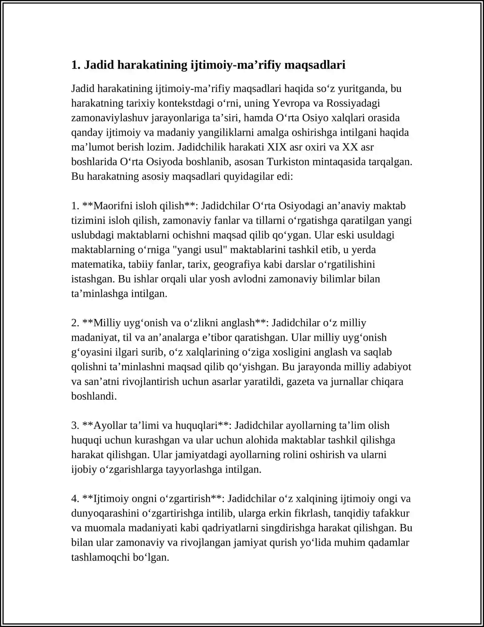 MUSTAQIL ISH Mavzu: JADID MARIFATPARVARLARINING OʻLKA IJTIMOIY-MADANIY HAYOTIDA TUTGAN OʻRNI (MUNAVVAR QORI, FITRAT, BEHBUDIY, AVLONIY VA BOSHQ.) 3