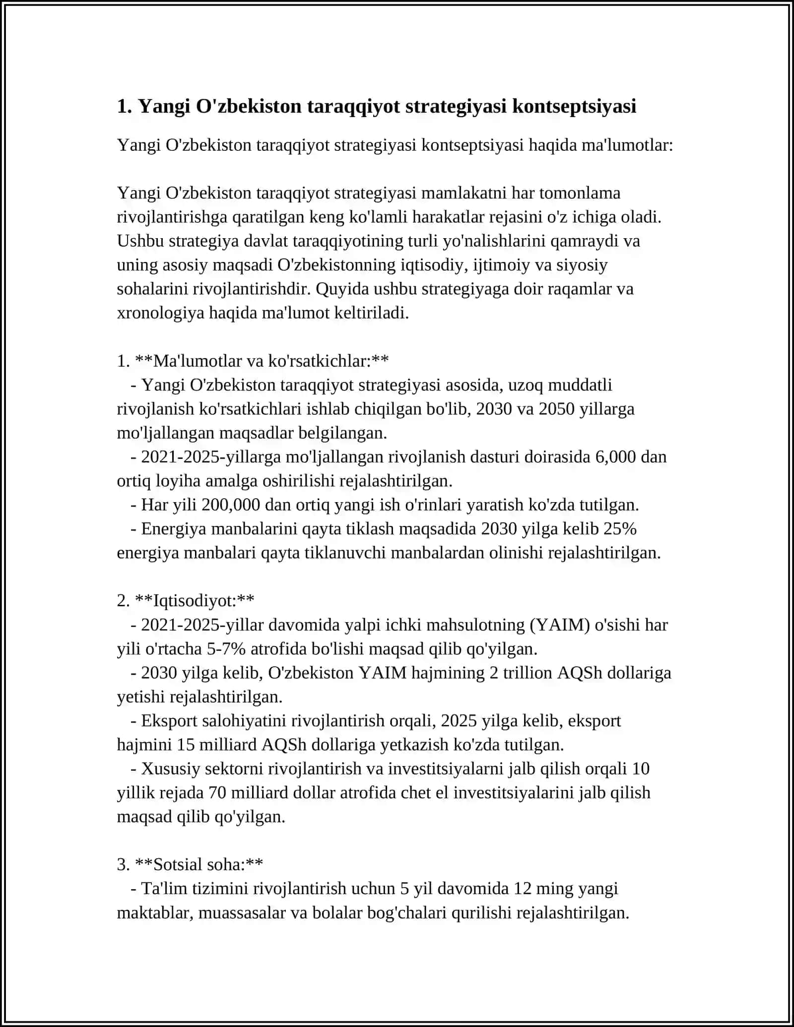 REFERAT Mavzu: O'ZBEKISTON RESPUBLIKASI PREZIDENTI SH.MIRZIYOYEVNING "YANGI O'ZBEKISTON TARAQQIYOT STRATEGIYASI" KITOBIDA RIVOJLANISH MODELI VA UCHINCHI RENESSANS TUSHUNCHALARI ESSE YOZISH 3