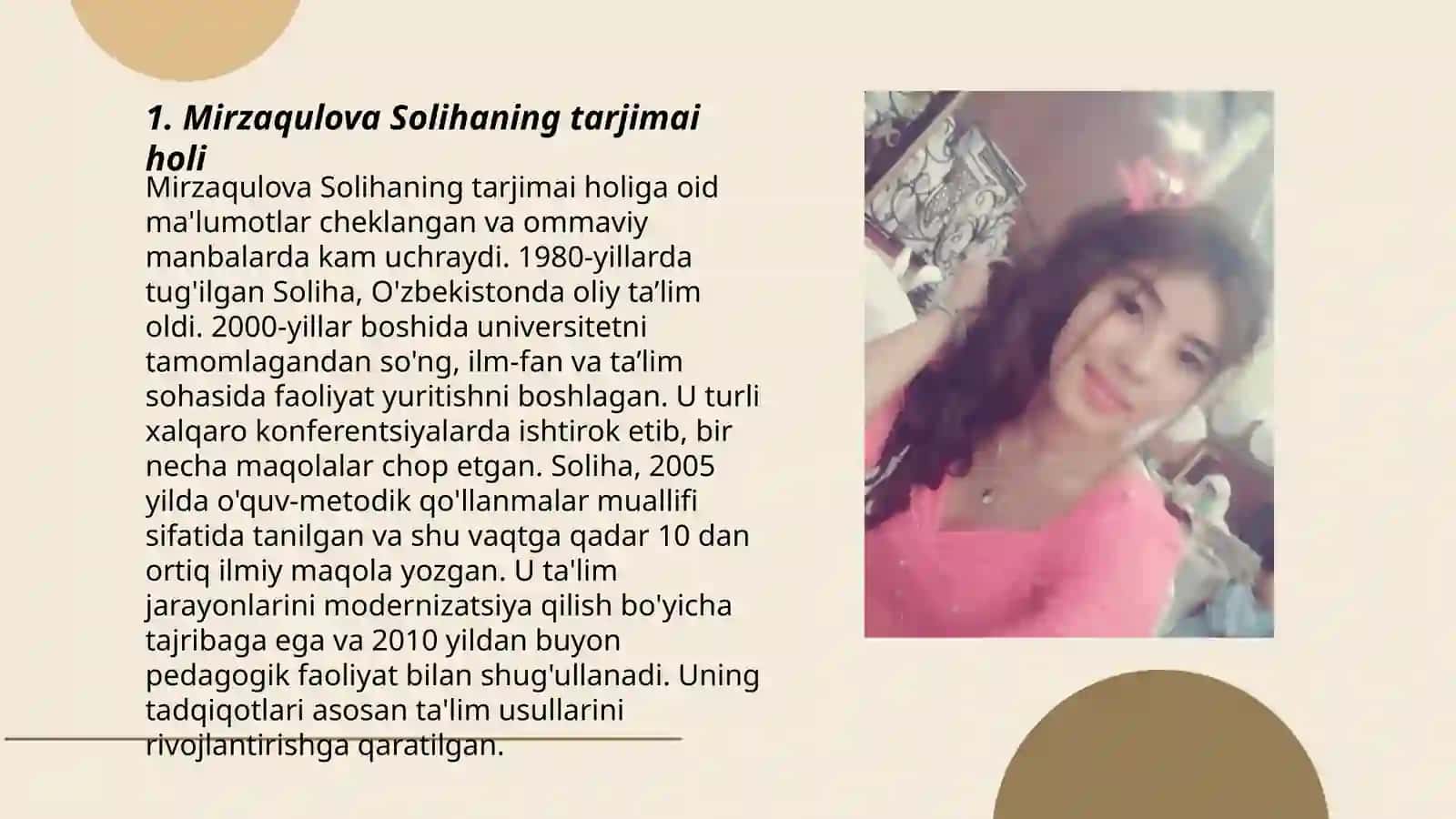 Mirzaqulova Solihaning tarjimai holi 3