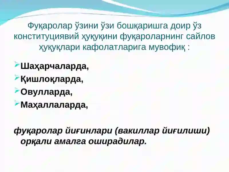 Фуқароларнинг ўзини ўзи бошқариш органлари фаолиятини ташкил этиш, уларнинг ҳудудий, ташкилий, молиявий асослари 3