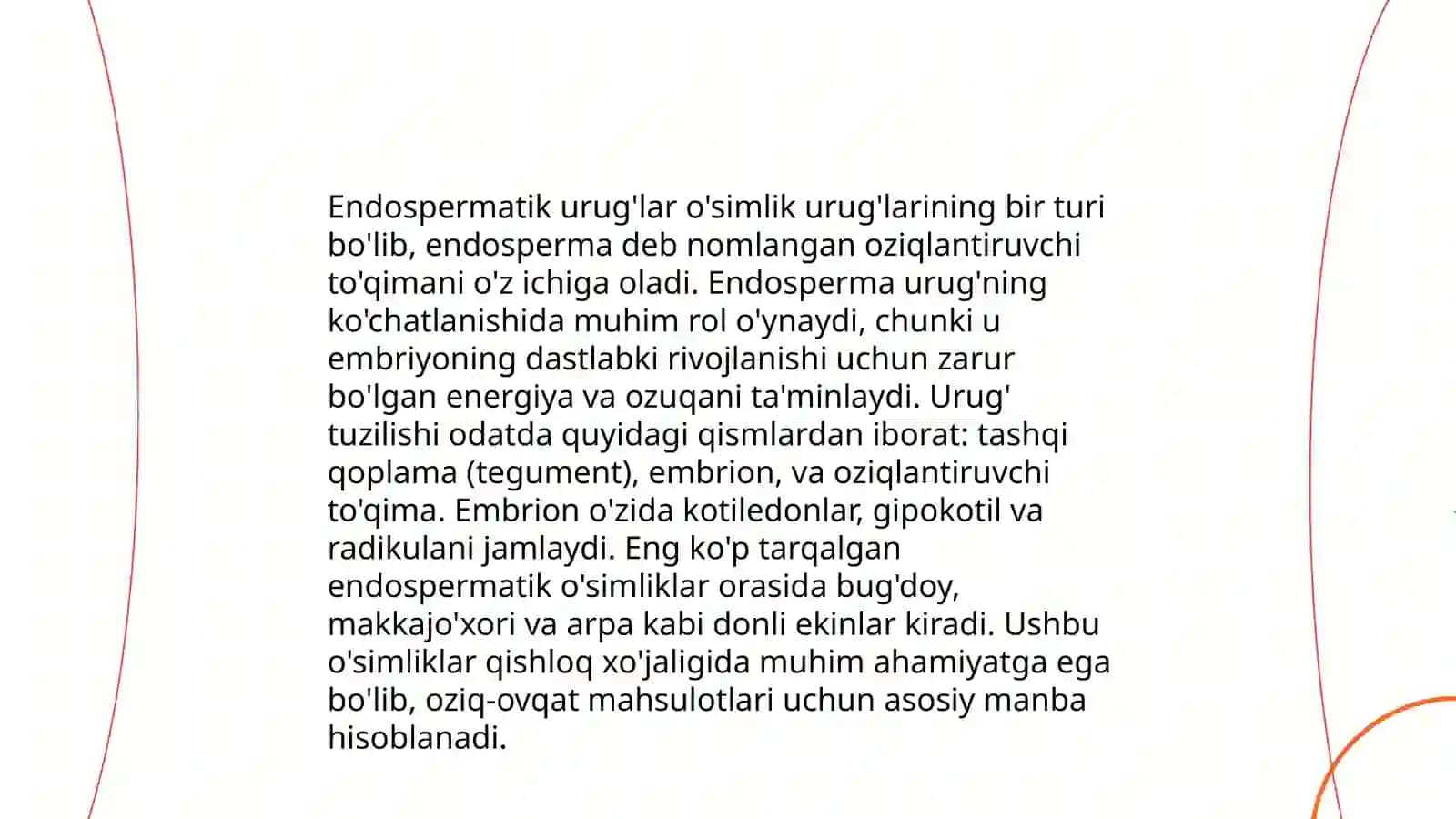 Endospermsiz, endosperimli va perispirimli urug'larning tuzilishi va ularning unishi 3