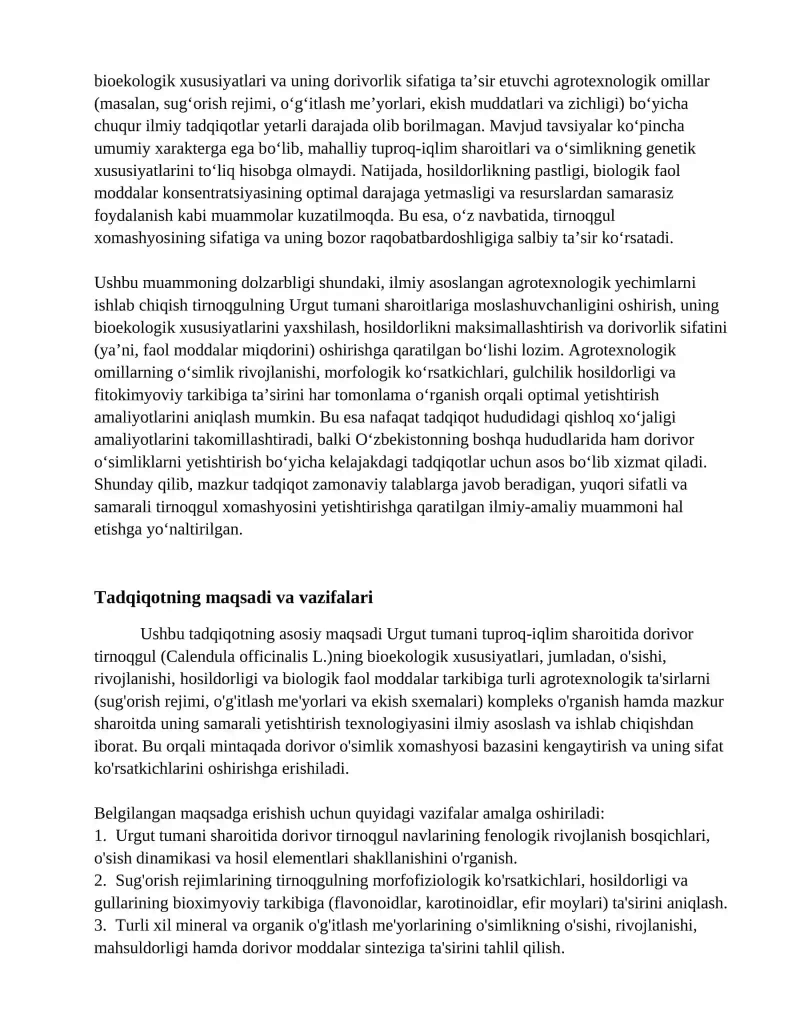 Urgut Tumanida dorivor tirnoqgul (Calendula officinalis L.) Bioekologik xususiyatlariga agrotexnologik ta'sirlarni o'rganish. 3