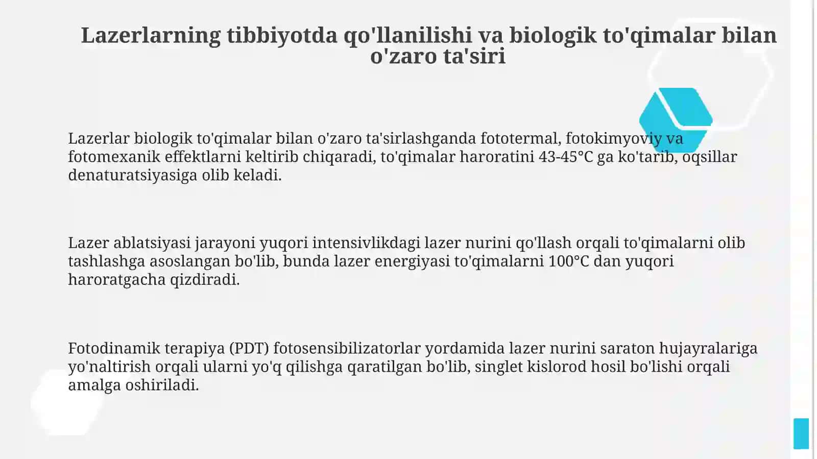 Lazerning tibbiyotda qo‘llanishi. Biologik membranalardagi fizik jarayonlar 3