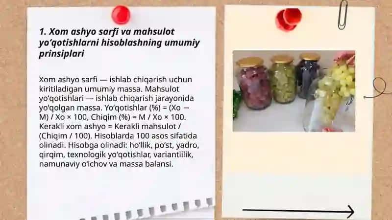 Mevalardan sharbatolishdagi xom ashyo sarfini va mahsulot yoʻqotishlarni aniqlash usullari 3