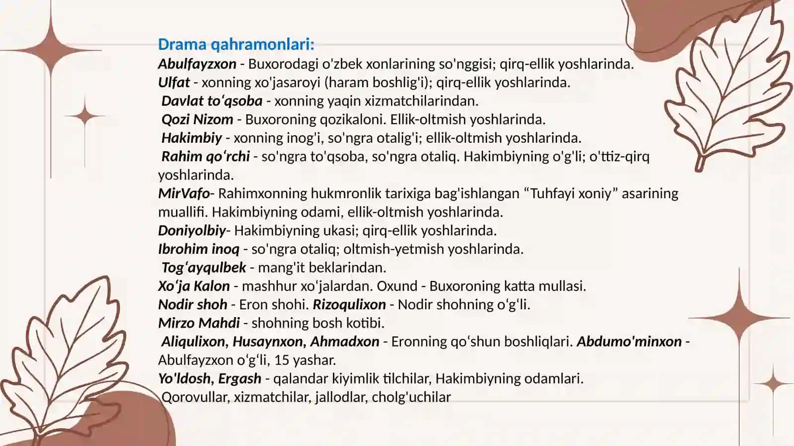 Dramatik asarlar tahlil qilish metodikasi "Abulfayzxon"dramasi asosida 3