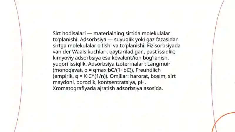 Sirt hodisalari va adsorbsiya. Xromatografiya 3