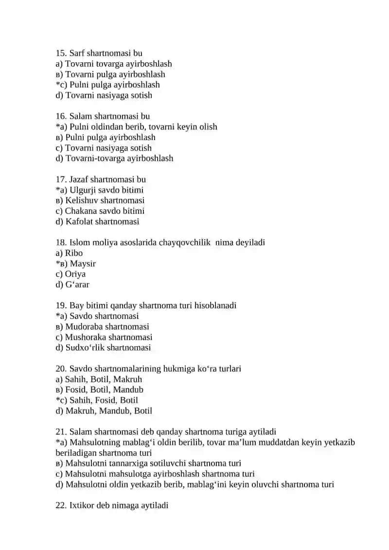 Islom moliyasi fanidan test savollari 3