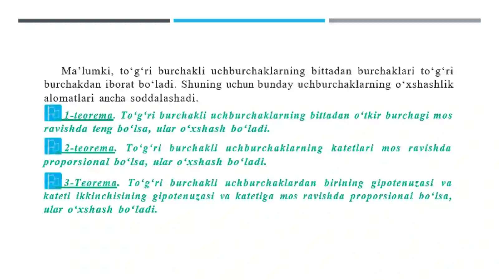 TOʻGʻRI BURCHAKLI UCHBURCHAKLARNING OʻXSHASHLIK ALOMATLARI 3