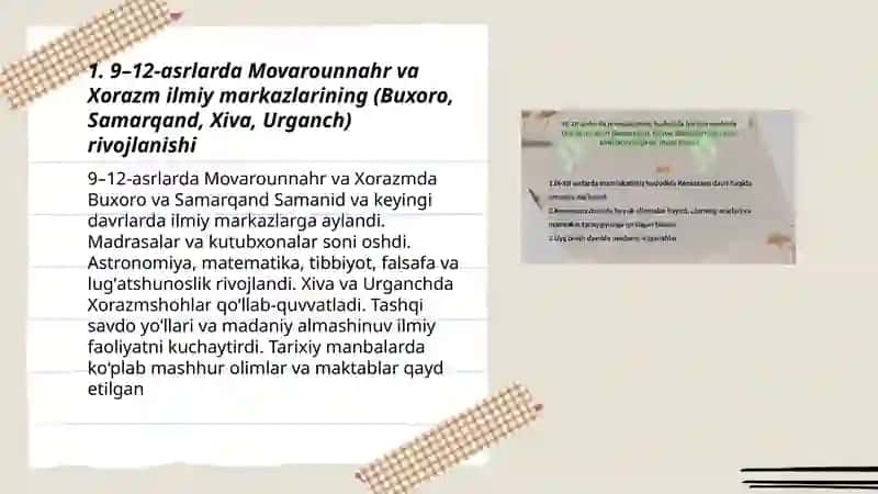 9-12 asirda Orta Osiyoda ilim-fan ravnaqi: Buyuk allomalarning siviliatsiyasiga qoshgan hissasi 3