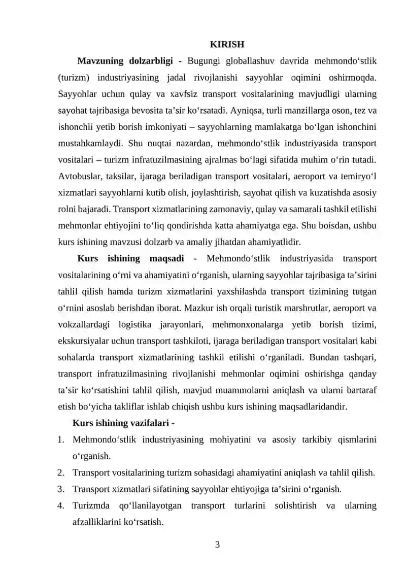 MEHMONDOʻSTLIK INDUSTRIYASIDA TRANSPORT VOSITALARINING OʻRNI VA AHAMIYATI 3