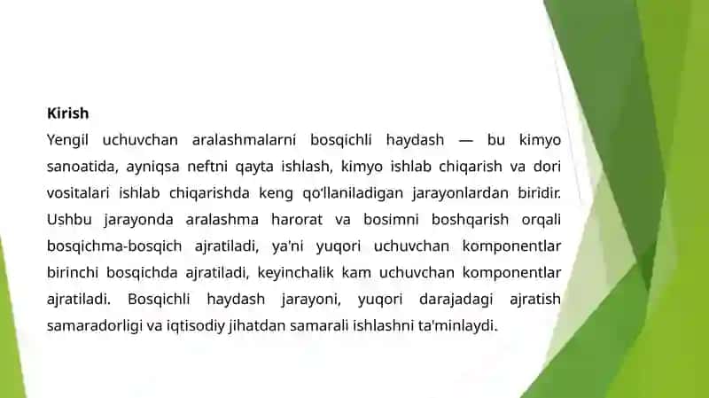 Yengil uchuvchan aralashmalarni bosqichli haydash. 3