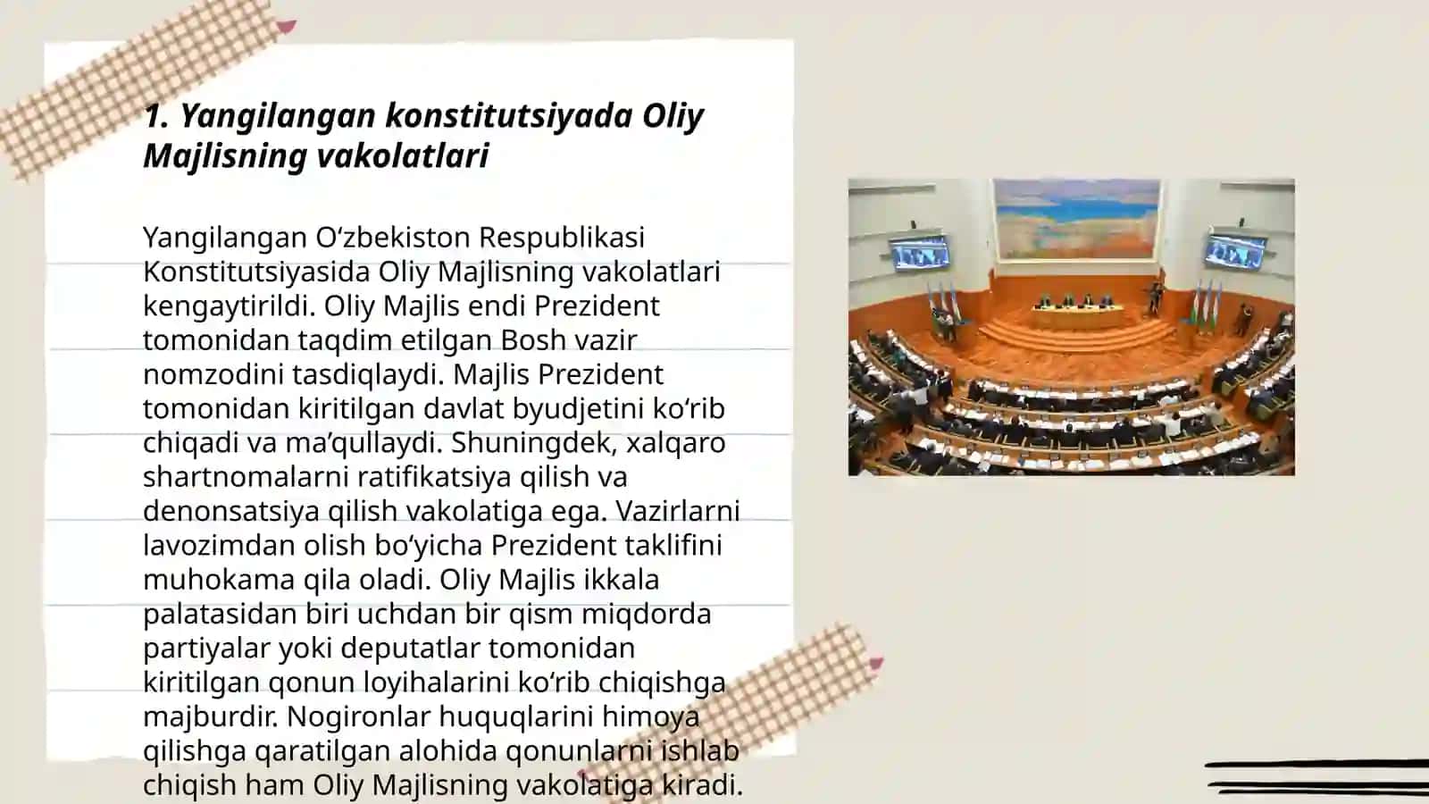 Yangilangan konstitutsiyada oliy majlisning davlat organlari tizimidagi o'rni va funksiyalari 3