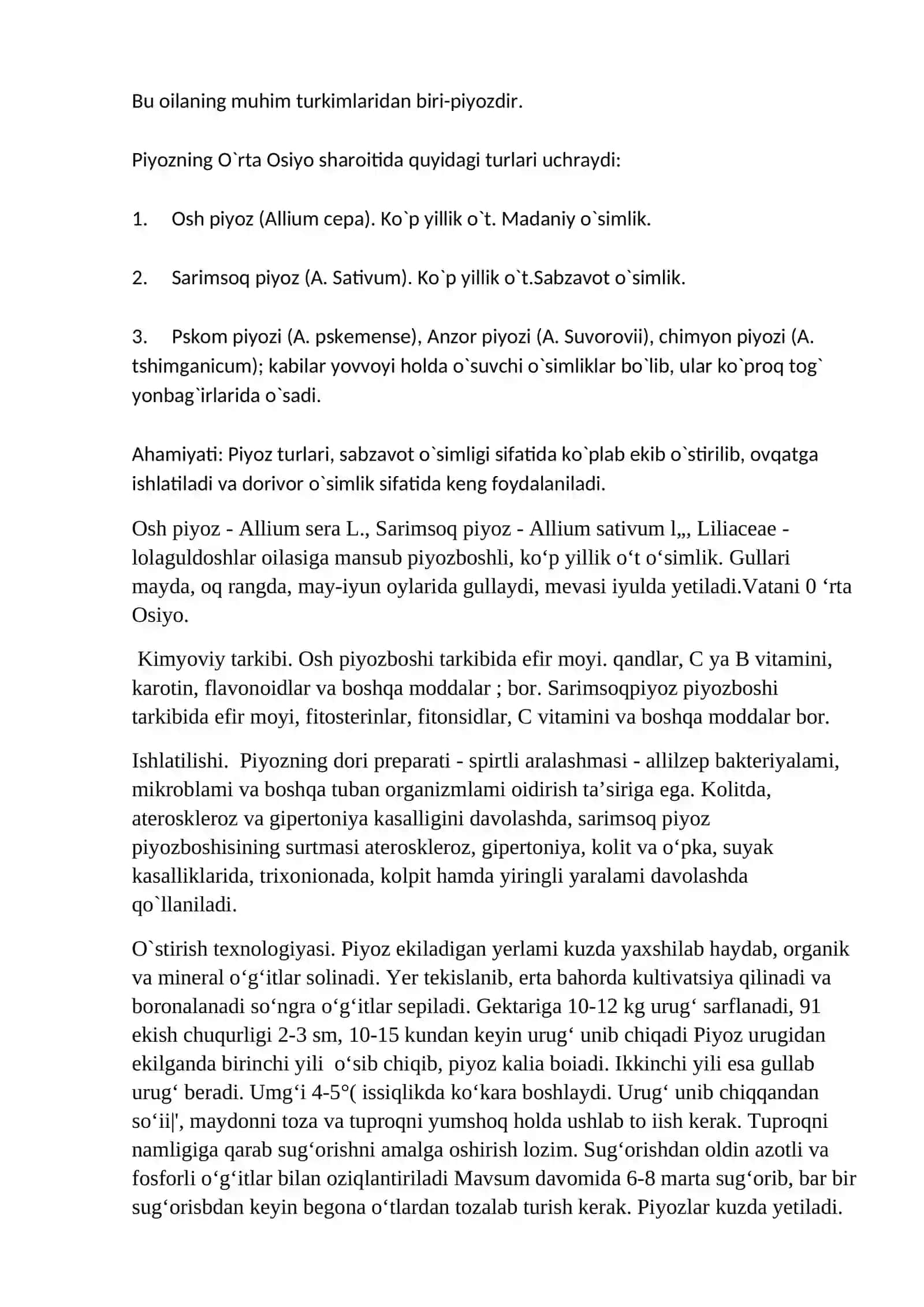 Piyozdoshlar (Alliaceae) oilasidagi turlar biologiyasi, ekologiyasi, areali va xalq xo`jaligidagi ahamiyati 3