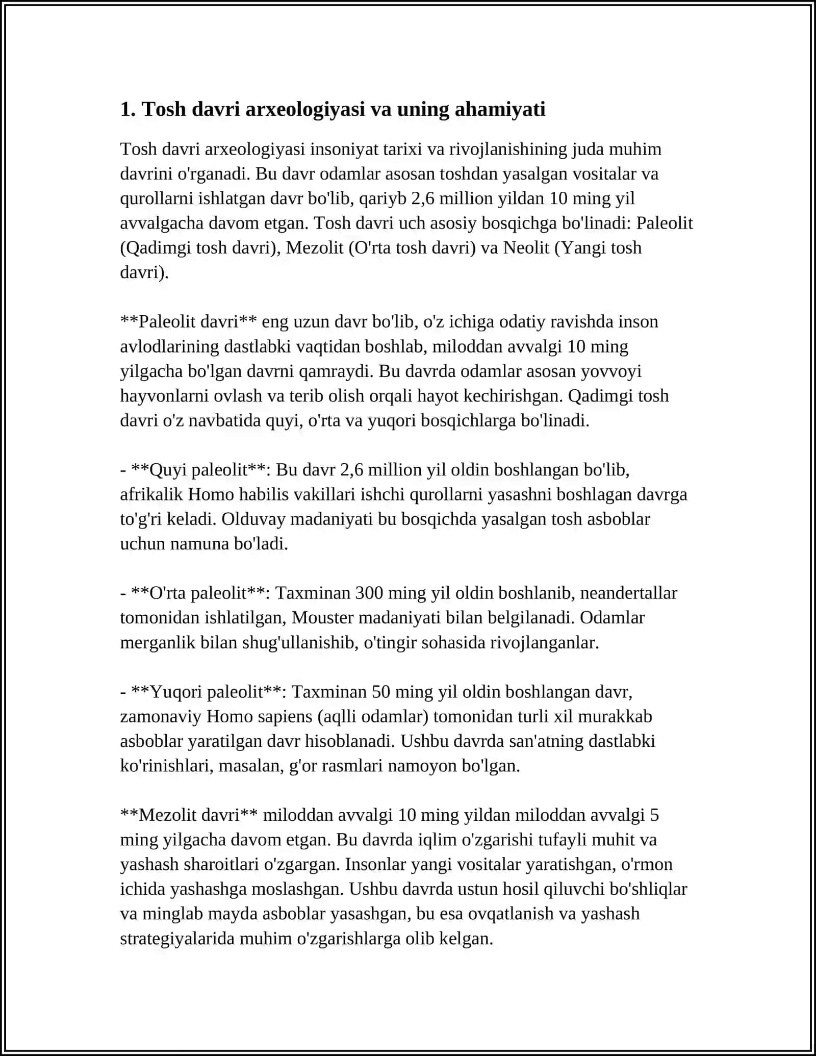 "O'LKAMIZDAGI TOSH DAVRIGA OID MANZILGOHLARDAN PALEOANTROPOLOGIK TOPILGAN TOPILMALAR" MAVZUSIDA REFERAT TAYYORLASH 3