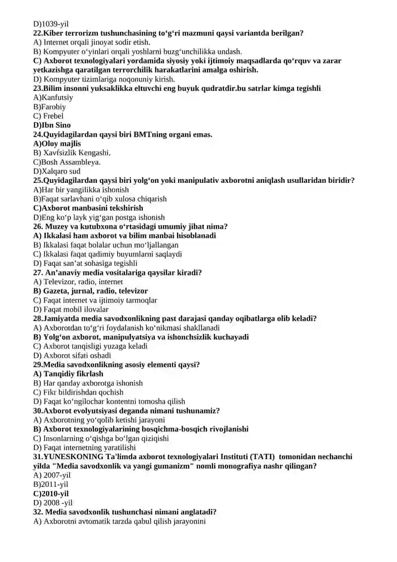 MEDIASAVODXONLIK VA AXBOROT MADANIYATI FANIDAN BARCHA BAKALAVR TALABALARI UCHUN YAKUNIY NAZORAT TEST SAVOLLARI 3