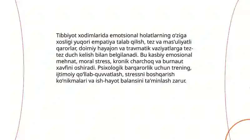 Tibbiyot xodimlarida emotsional holatlarning oʻziga xosligi: stress va uning bosqichlari, bartaraf etish yo'llari 3