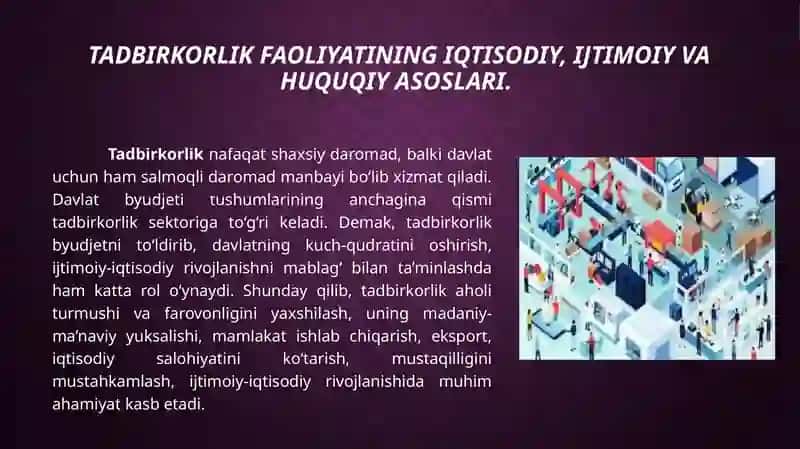 KICHIK BIZNES VA TADBIRKORLIK FAOLIYATINING IQTISODIY, IJTIMOIY, HUQUQIY ASOSLARI VA DAVLAT TOMONIDAN QO‘LLAB-QUVVATLANISHI 3