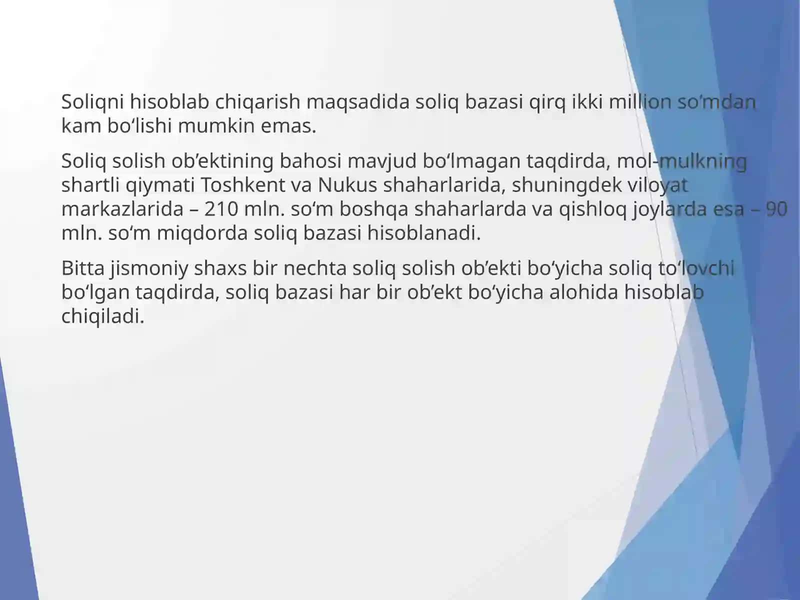 Soliqni hisoblab chiqarish maqsadida soliq bazasi qirq ikki million so‘mdan kam bo‘lishi mumkin emas 3