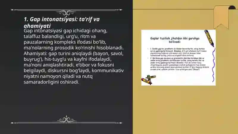 Gapning intonatsion xususiyatlari. Gaplarning emotsionallikka koʻra turlari 3