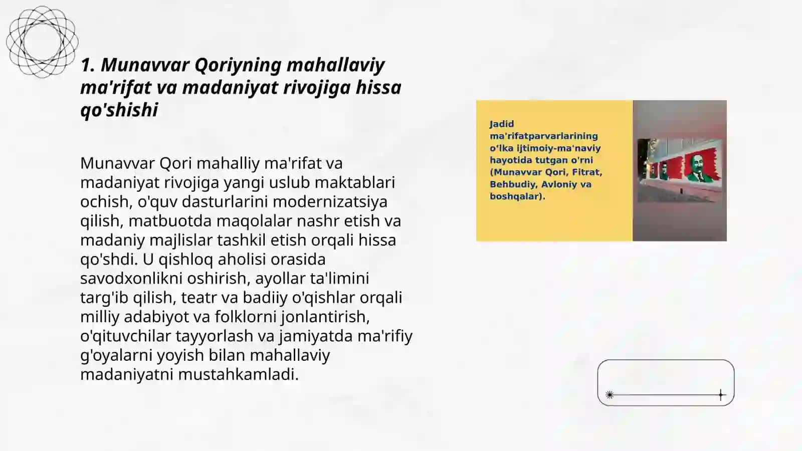 Jadid ma’rifatparvarlarining o‘lka ijtimoiy-ma’naviy hayotida tutgan o‘rni (Munavvar Qori, Fitrat, Behbudiy, Avloniy va boshqalar) 3
