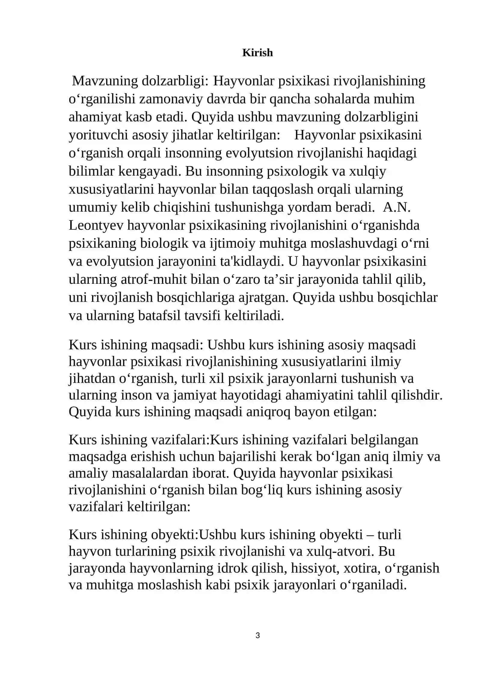 Mavzu: “Hayvonlar psixikasi rivojlanishining asosiy xususiyatlari va ularning xususiyatlarini aniqlashga yondashuv (Leontiev)” 3