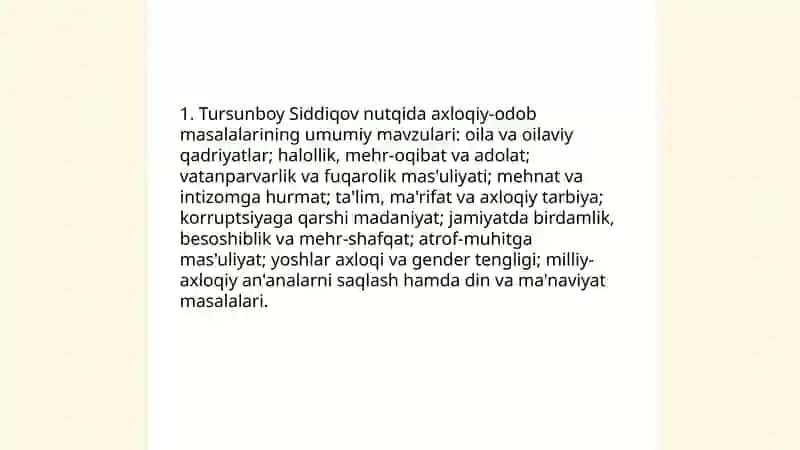 Tursunboy Siddiqov nutqida axloqiy-odob masalalarining umumiy mavzulari 3