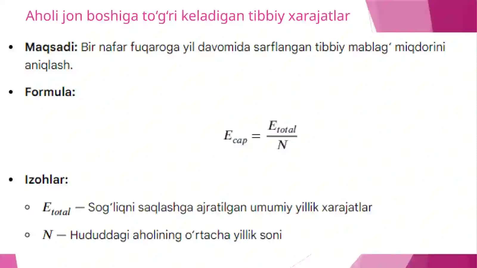 Sog'liqni saqlash iqtisodiyoti koʻrsatkichlarini hisoblash 3