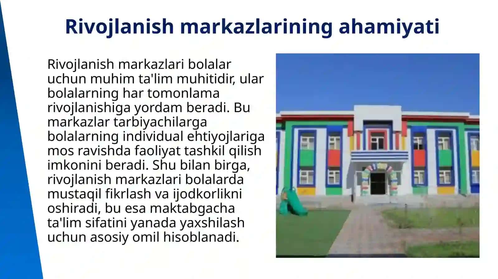 Maktabgacha talim tashkilotada tarbiyachisining rivojlanish markazlarida talimiy faoliyatga rahbarlik qilish metodlari.Maktsbgacha talim tashkilotlarining guruh xonalarida rivojlantiruvchi markazlarni jihozlash tartibi. 3