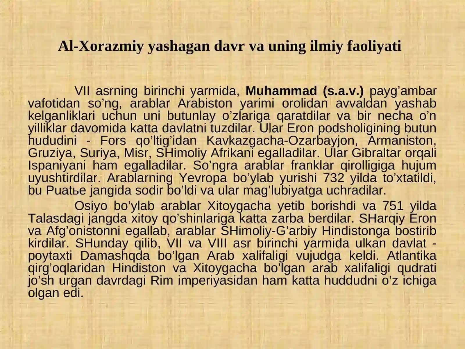 XI-XV asrlarda yashab ijod etgan O‘rta Osiyolik olimlar hayoti va ijodi. O‘nli kasrlarni kiritilishi. Samarqand ilmiy markazi:Al Xorazmiy, Abu Rayhon Beruniy, Ibn Sino,Ulug‘bek, Koshiy, Ali-Qushchi 3