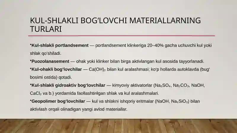 Kul shlakli xom ashyolar asosida olinadigan bog'lovchi materiallar 3
