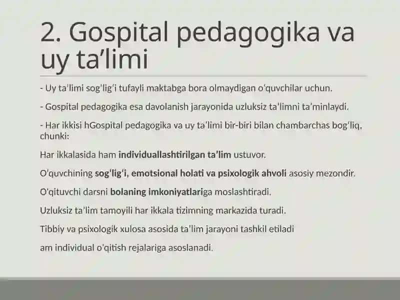 Gospital pedagogika fanining mahsus pedagogika boshqa yo'nalishlari bilan bog'liqligi (uy talimi inklyuziv talim maxsus talim mehirli maktab) 3