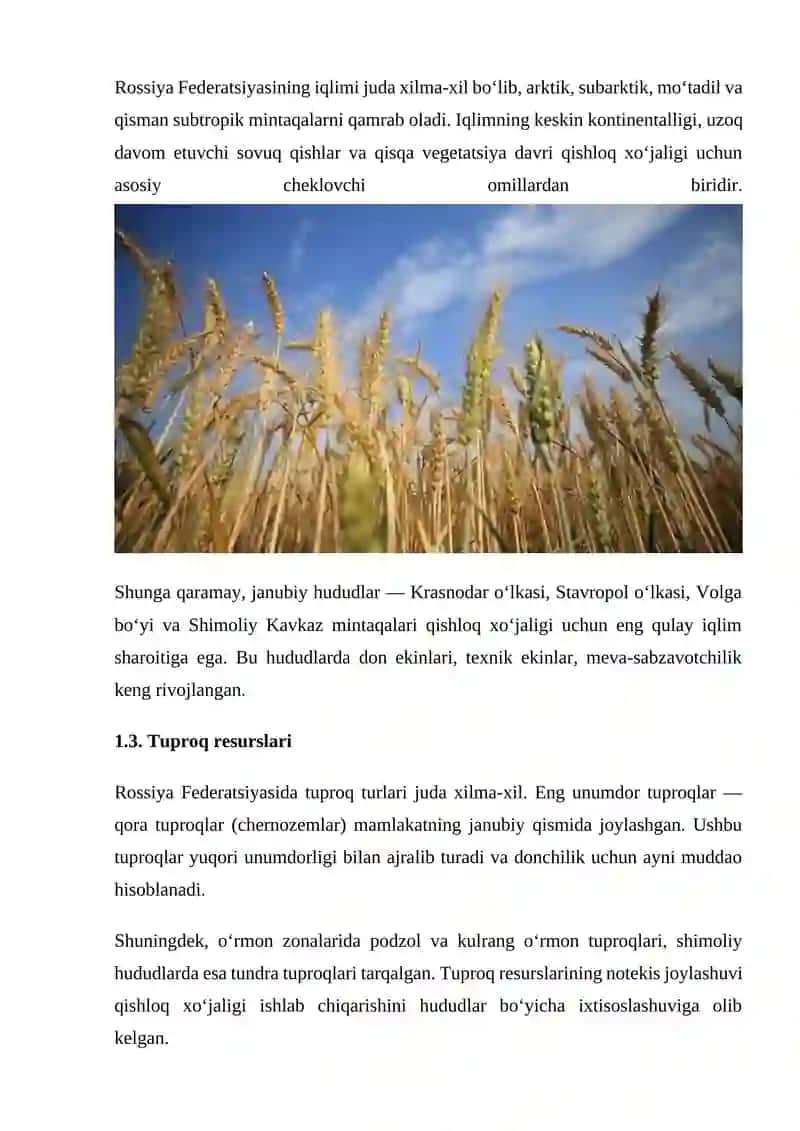 ROSSIYA FEDERATSIYASINING TABIIY-GEOGRAFIK SHAROITI VA QISHLOQ XO‘JALIGI 3