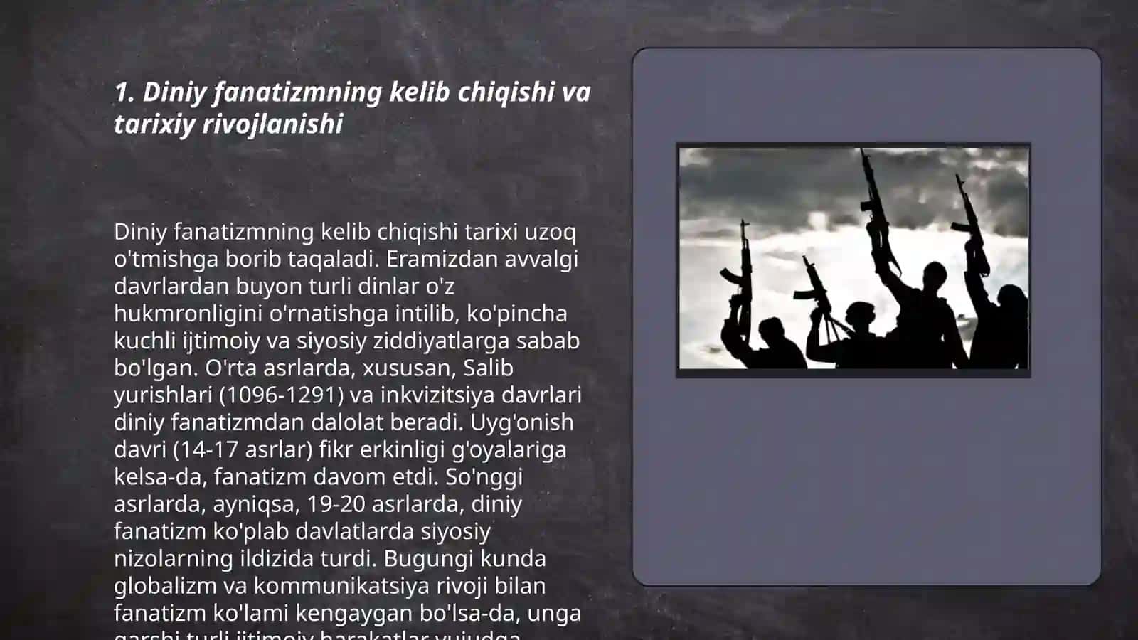 Diniy fanatizm, ekstrimizm,fundamentalizm va terrorizmning tarixi va hozirgi davrda xavfsizlikka tahdidi 3