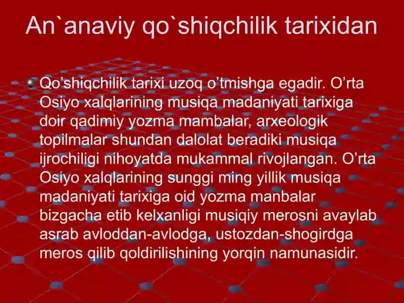 An`anaviy alqo'shiqlari (mavsumiy, kasbiy qo'shiqlar) 3