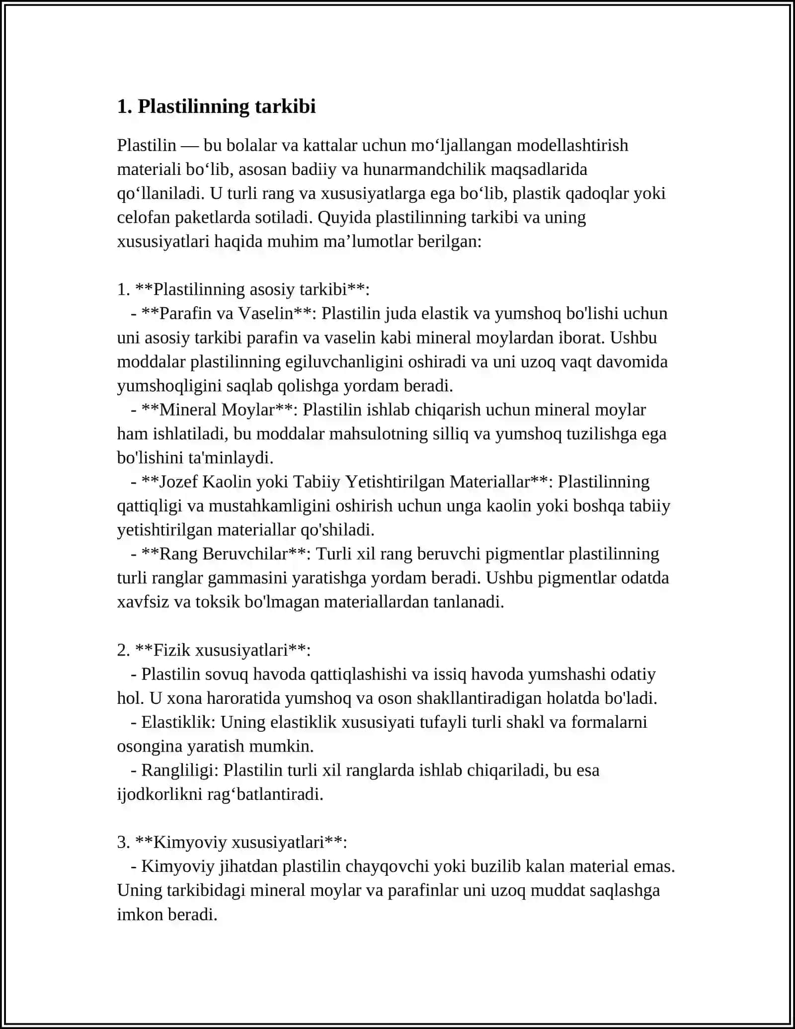 PLASTILIN TARKIBI VA XUSUSIYATLARI.PLASTILINGA ISHLOV BERISH USULLARI 3