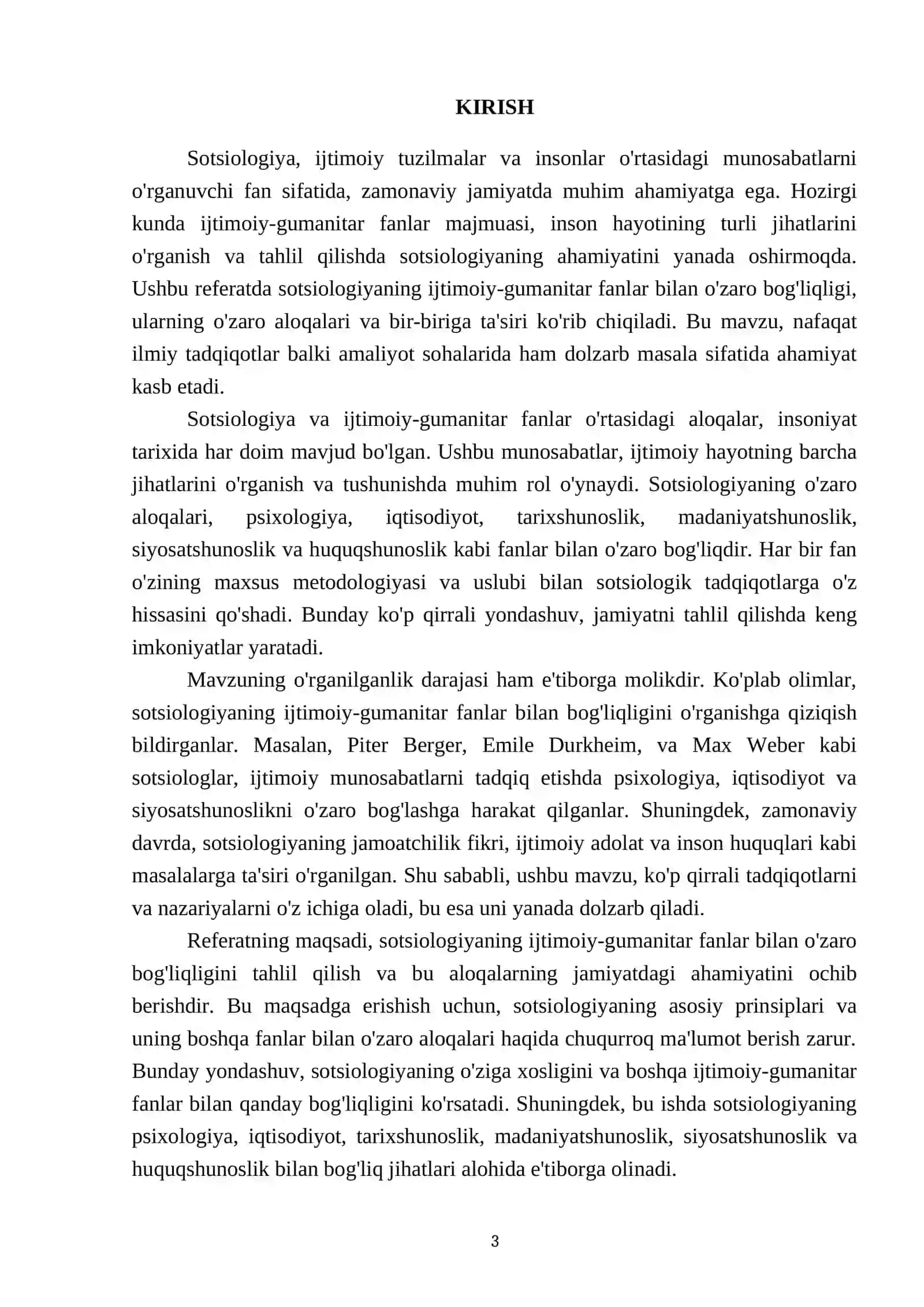 Sotsiologiyaning ijtimoiy-gumanitar fanlar bilan o‘zaro bog‘liqligi REFERATI 3