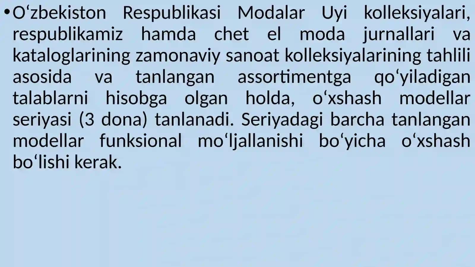 TEXNOLOGIK JARAYONDAGI BUYUM MODELINI, GAZLAMASINI,ASBOB - USKUNALARINI TANLASHISHLAB CHIQARISH OQIM SHAKL VA TURINI TANLASH 3