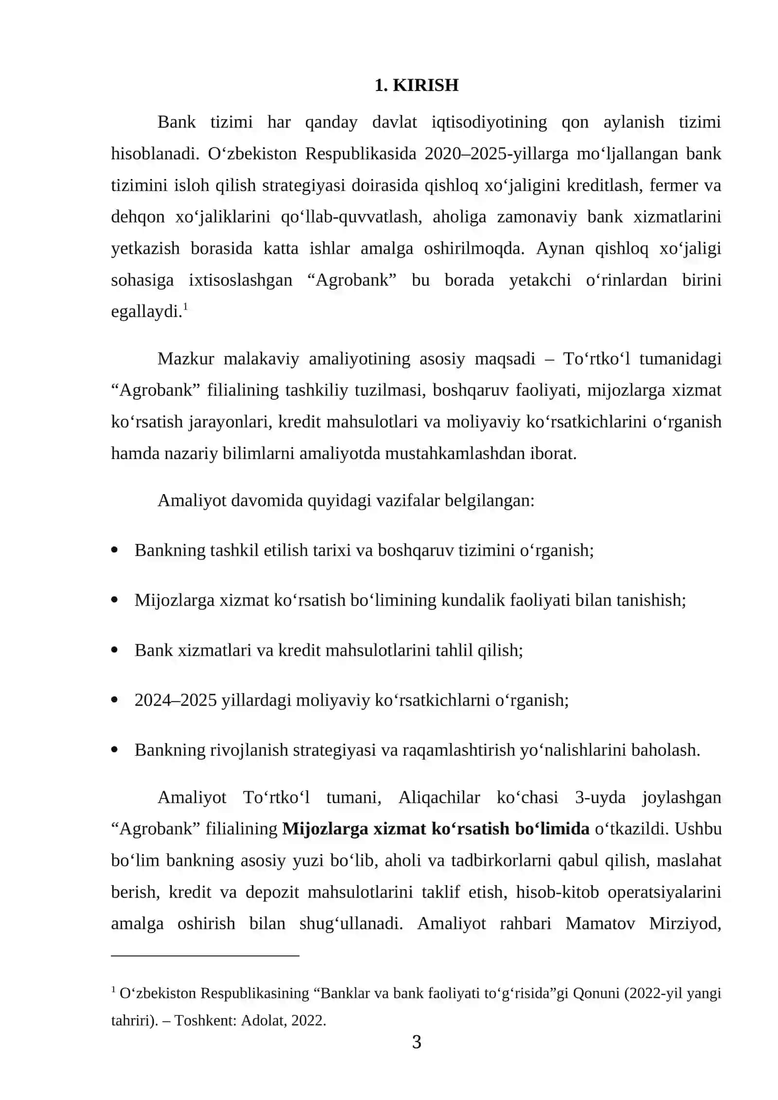 Amaliyot Hisobot - Agro bank to‘rtko‘l tuman filiali 3