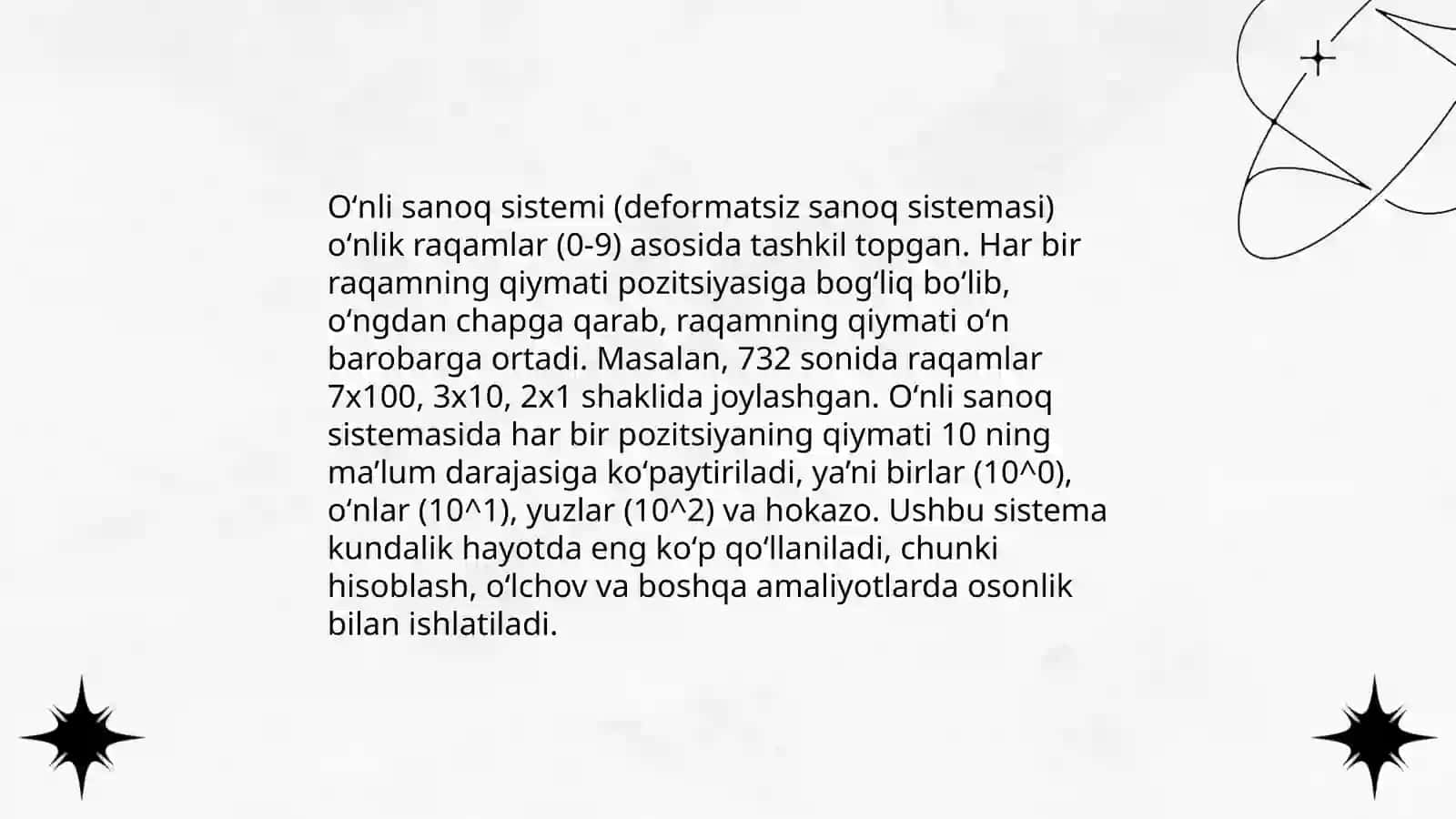 Oʻnli sanoq sistemasi xususiyatlari va uning nomerlashga asos qilib olinishi 3