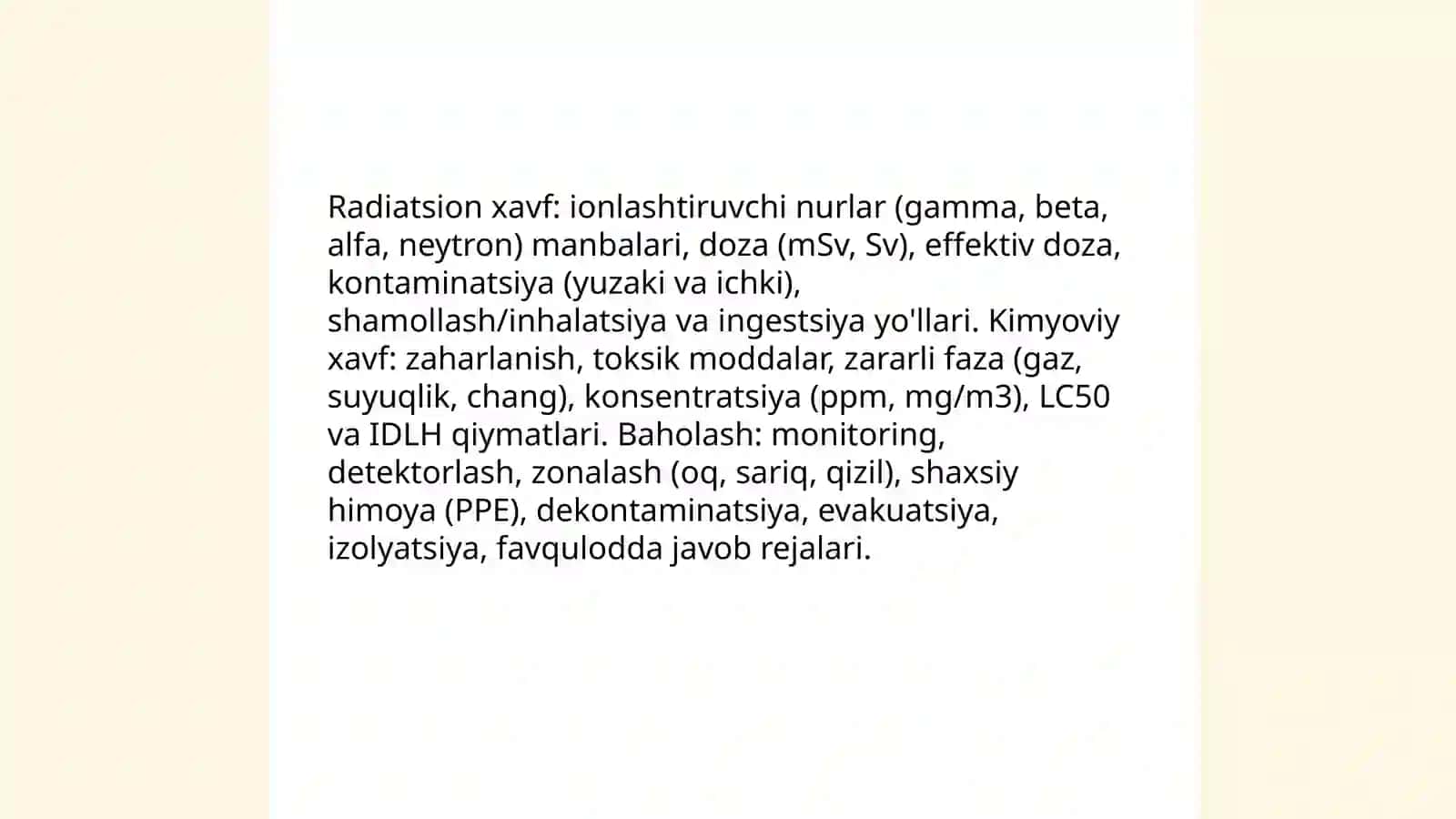 Favqulodda vaziyatlarda radiatsion, kimyoviy vaziyatlarni baholash 3