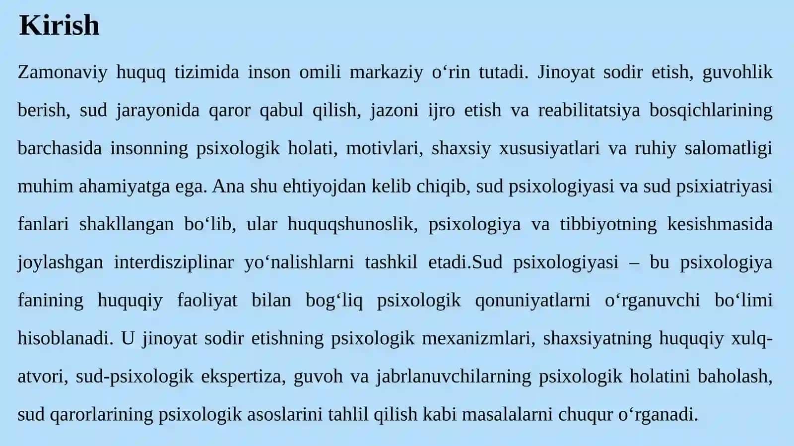Sud psixologiyasi va psixiatriyasiga kirish. Sud psixologiyasining predmeti, vazifalari va metodlari 3