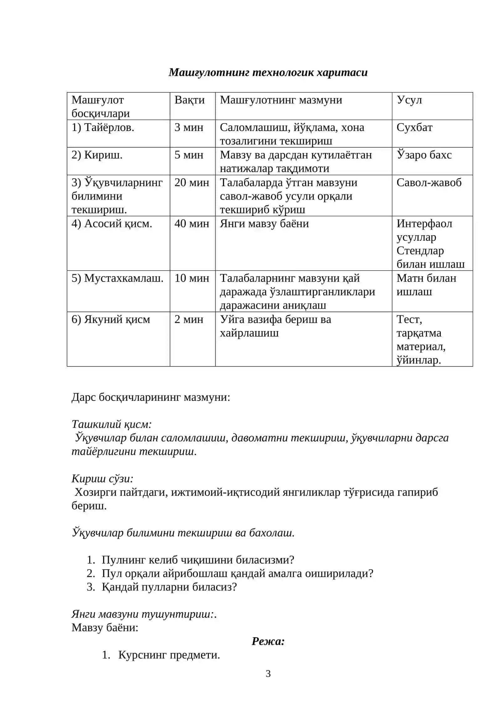 “Пул кредит муносабатлари” фанидан Мавзулар режаси 3