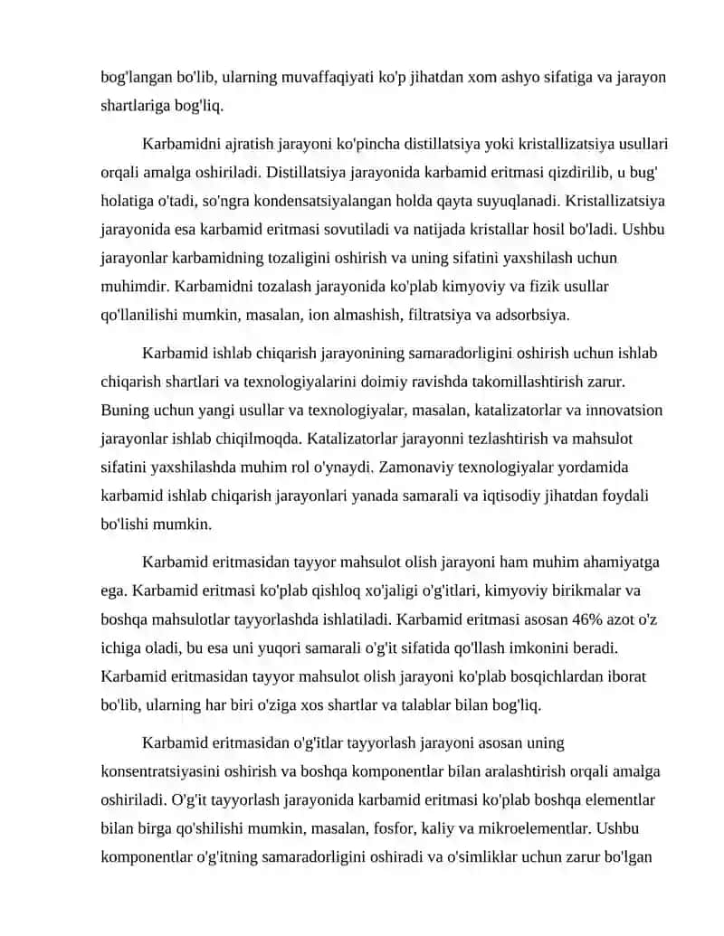 Karbamid ishlab chiqarish usullari. To'la suyuqlik resiklida karbamid sintezi. Karbamid eritmasidan tayyor mahsulot olish 3