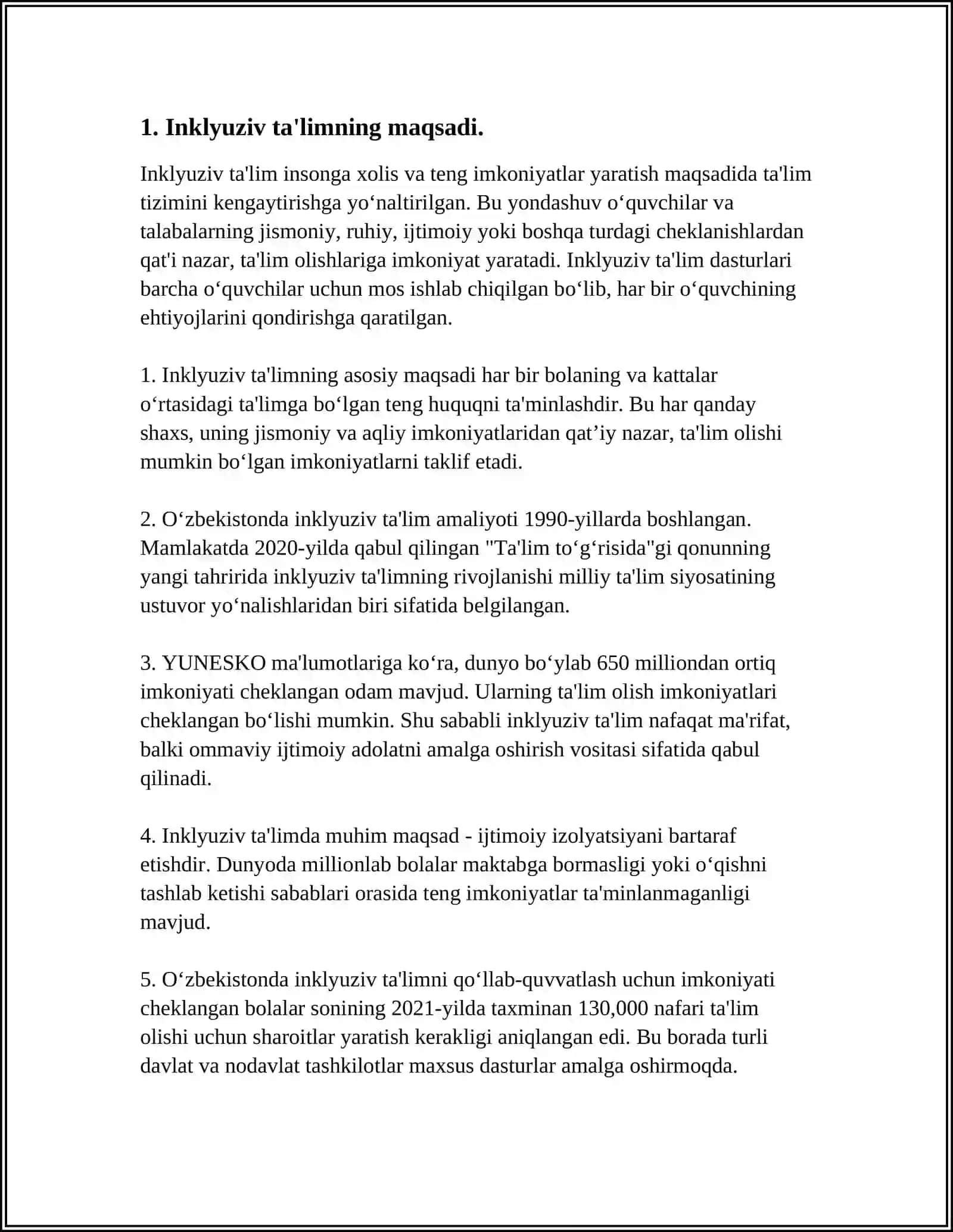 INKLYUZIV TA’LIM KURSINING PREDMETI, MAQSADI VAVAZIFALARI, OBYEKTI, TAMOYILLARI 3