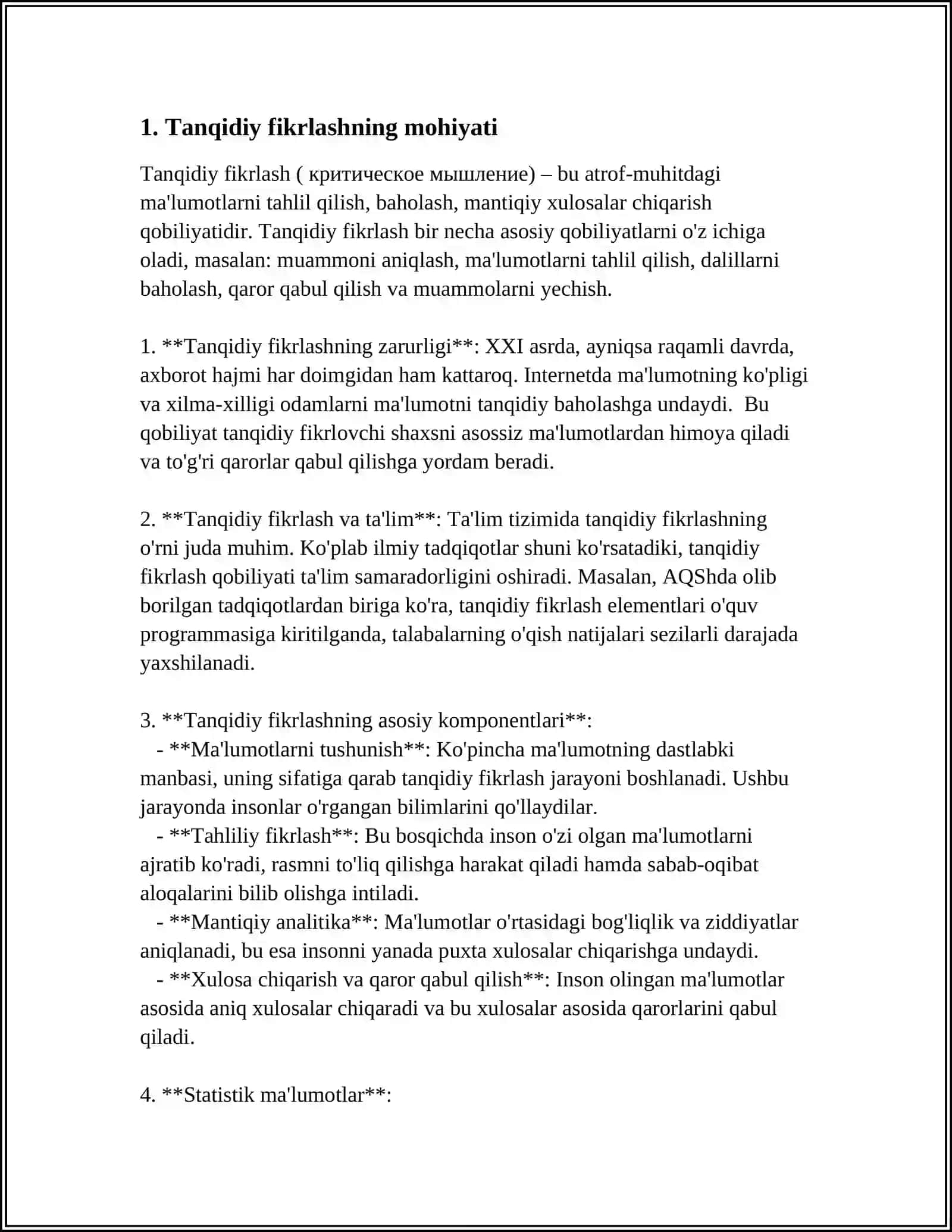 MUSTAQIL ISH Mavzu: TANQIDIY O'QISH VA ESLATMALAR BILAN ISHLASH 3