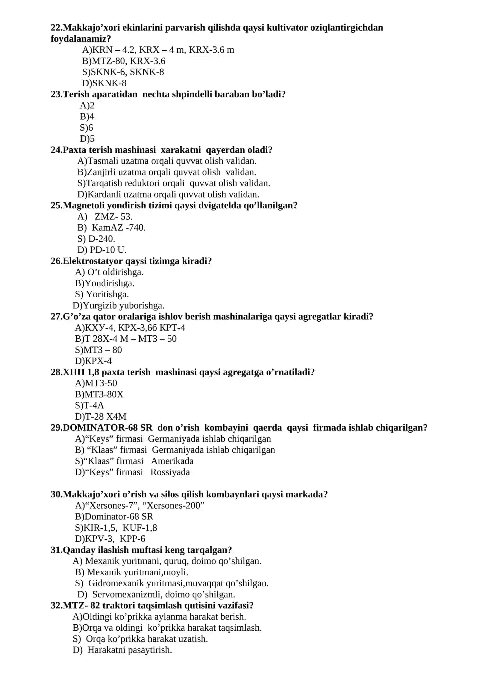 Traktorchi mashinist yonalishi bo’yicha kasbiy  test savollari to'plami 3