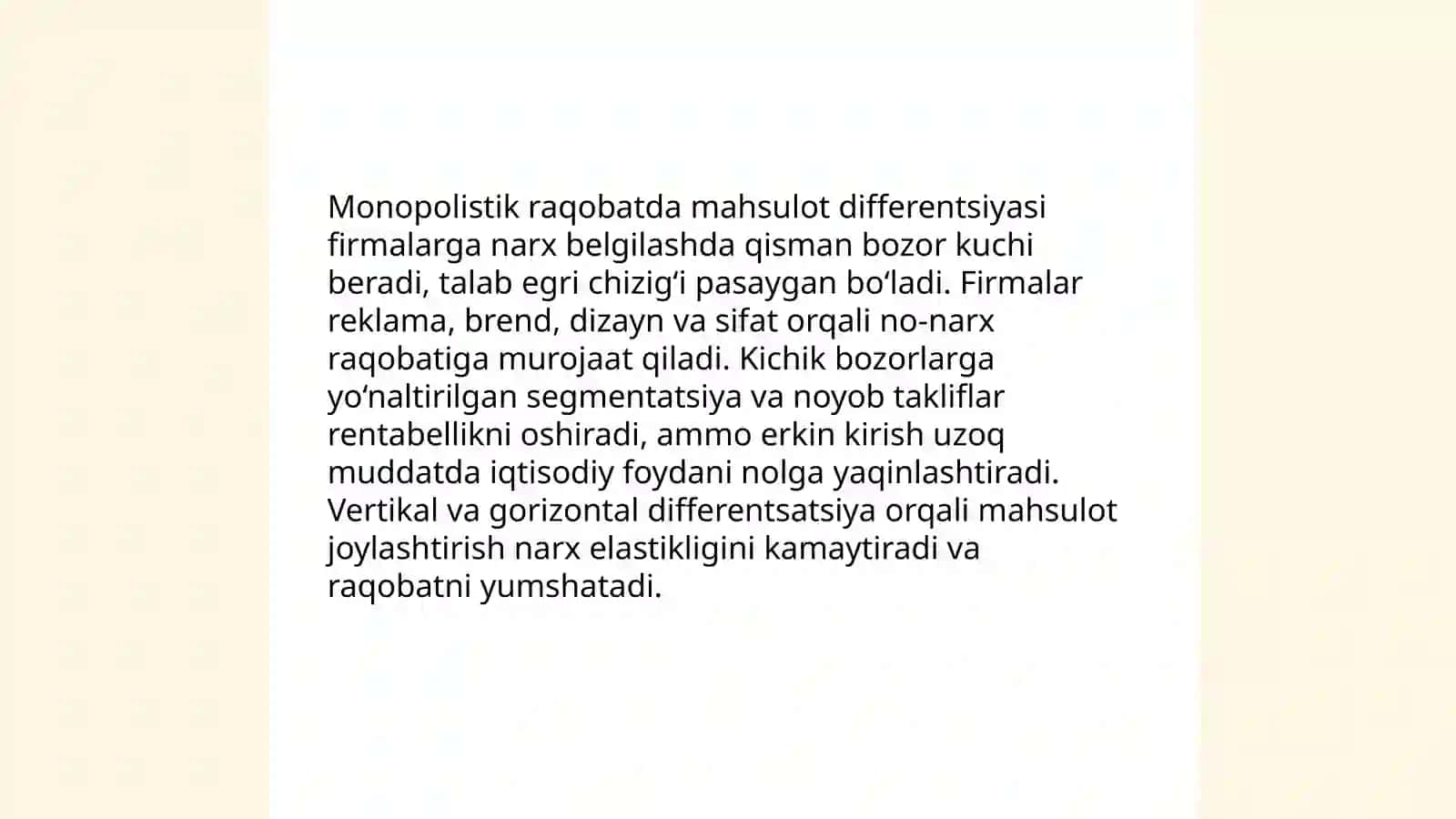 Raqobatlashgan nomukammal va oligopoliya bozordagi kirmalar faoliyati 3