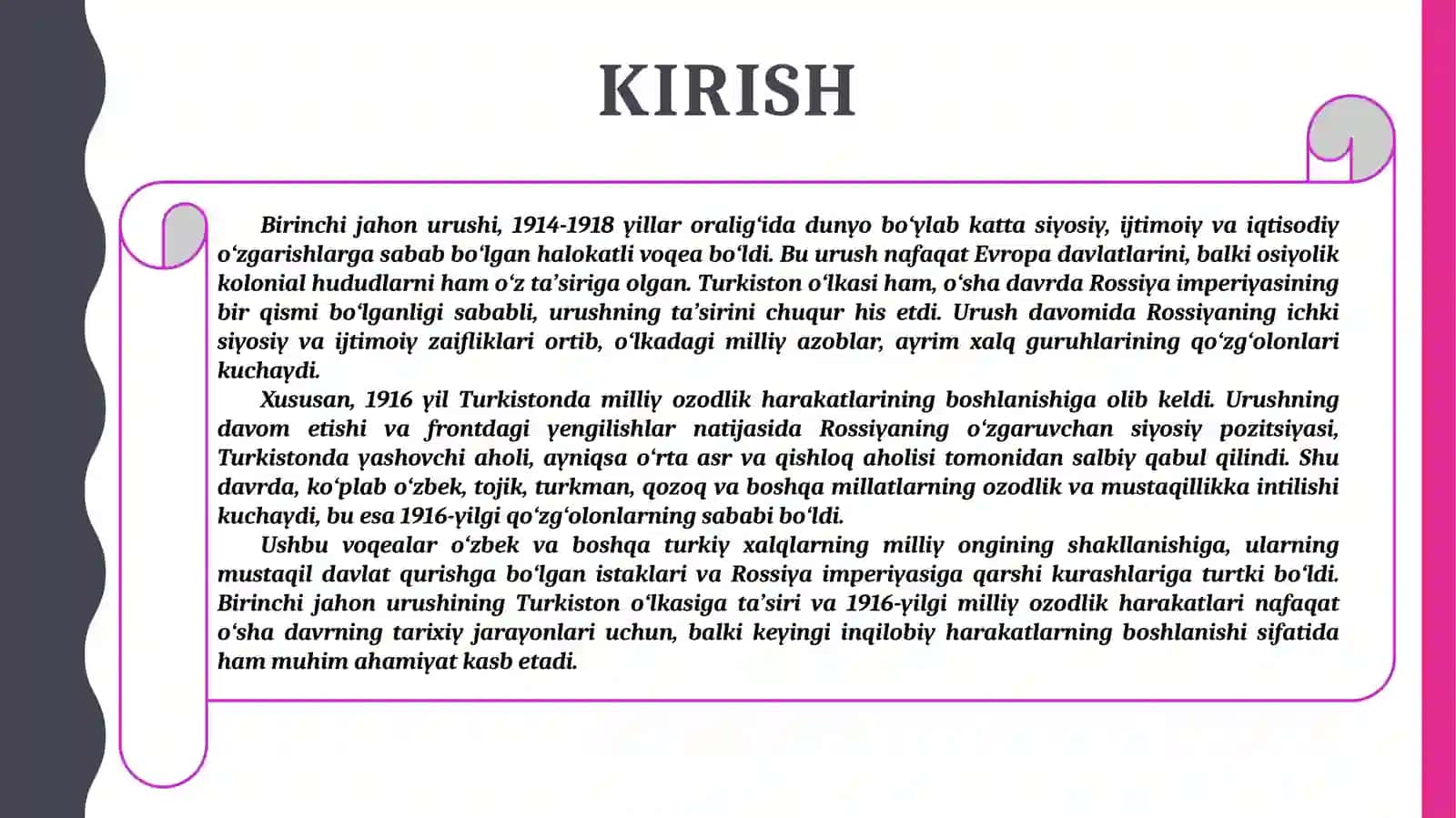 Birinchi jahon urushining Turkiston o'lkasiga ta'siri. 1916-yil - milliy ozodlik harakatlari 3