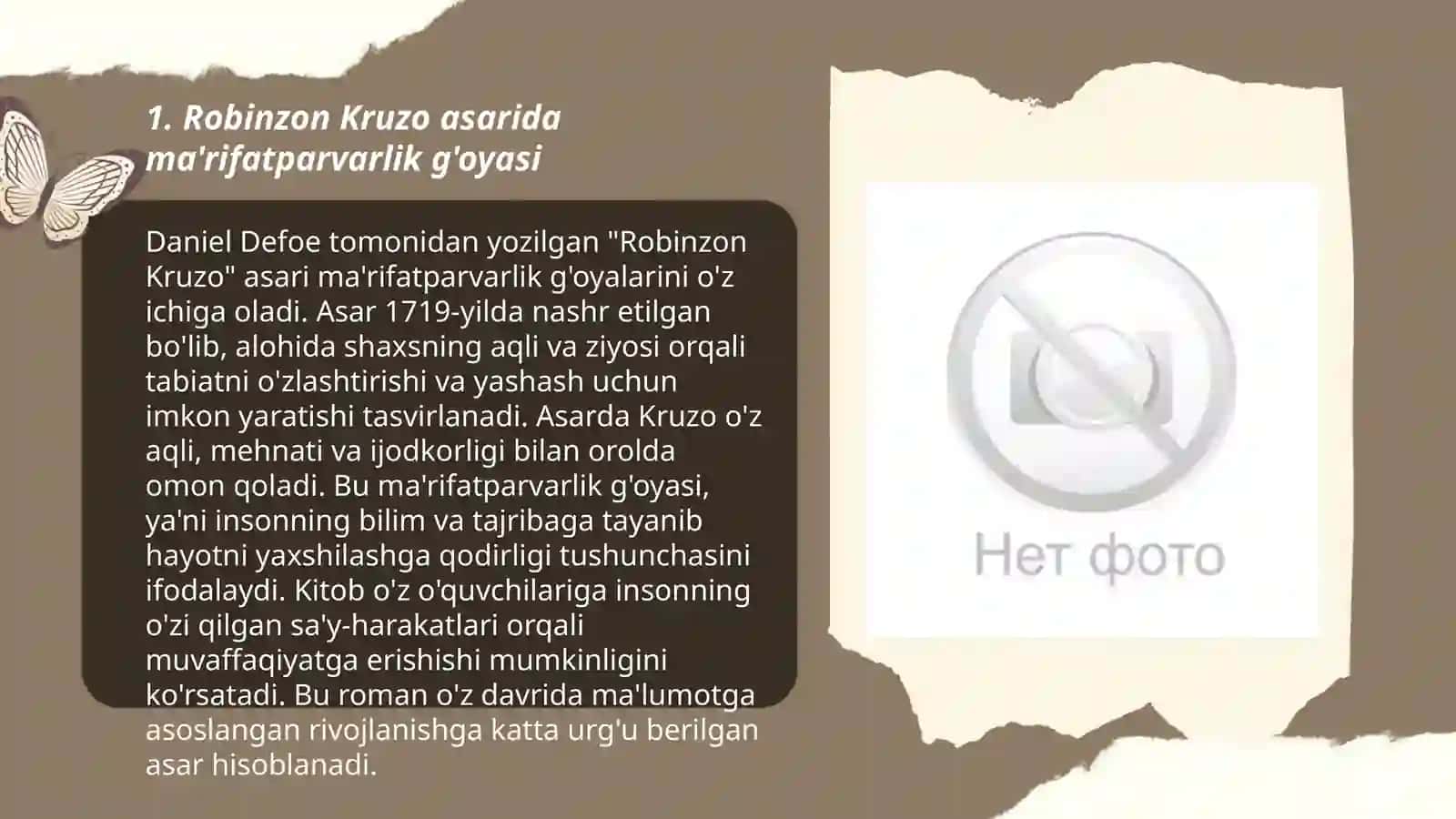 Robinzon Kruzo asarida marifatparvarlik g'oyasi haqida 3