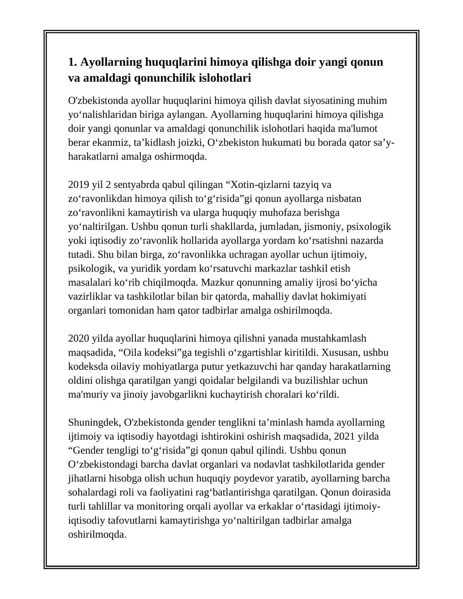 O'ZBEKISTONDA AYOLLAR HUQUQLARIDA HIMOYA QILISHDAGI HUKUMAT OLIB BORAYOTGAN ISLOHOTLAR 3